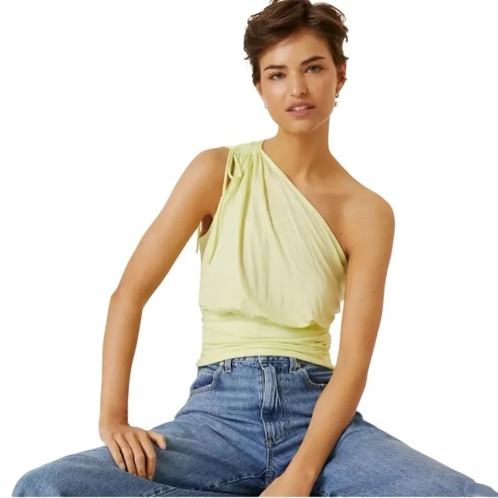 Anthropologie lime green one-shoulder ruched top Size XS